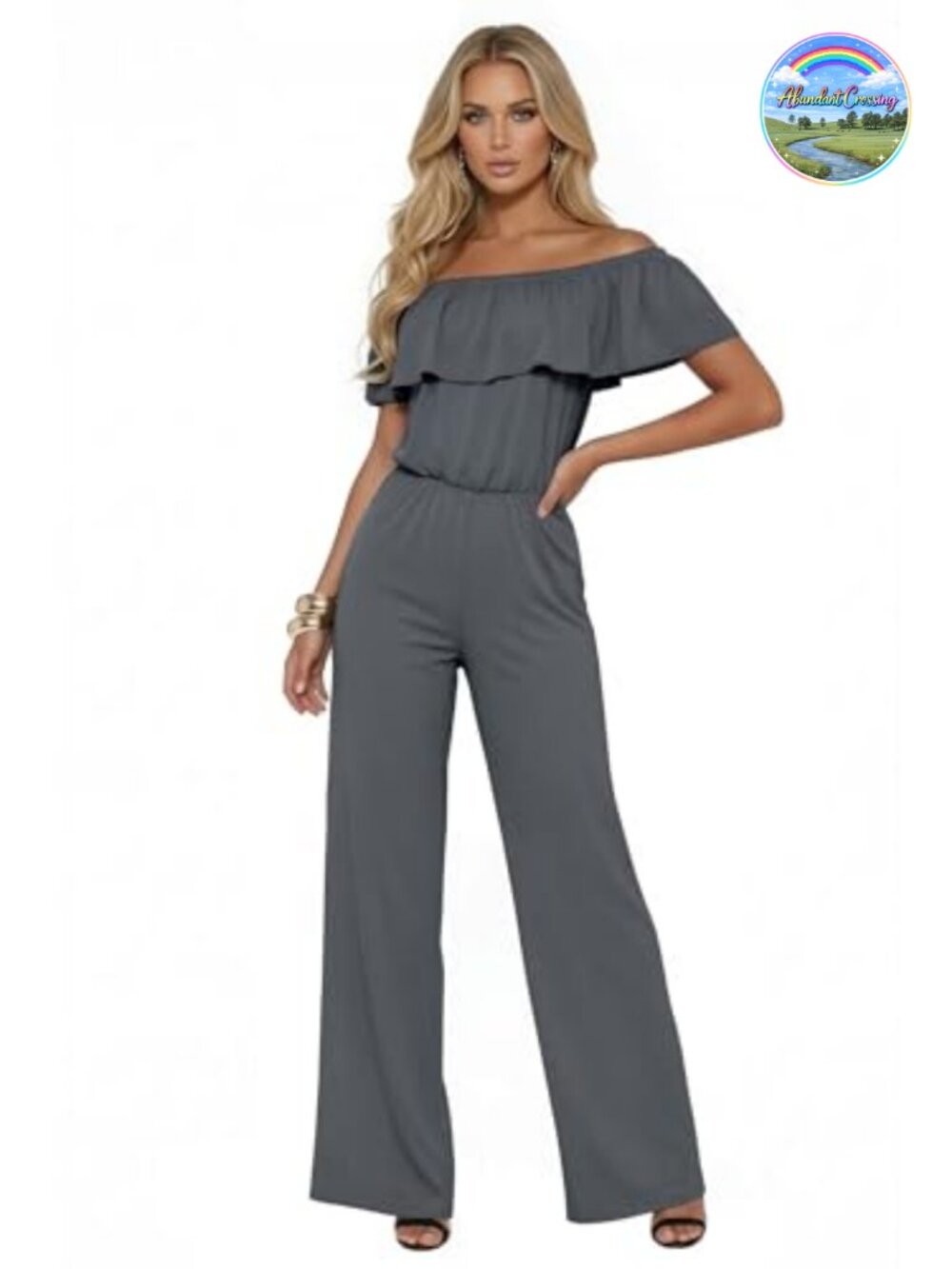 Off Shoulder Ruffle Jumpsuit Wide Leg Stretch Sleeveless Made in USA